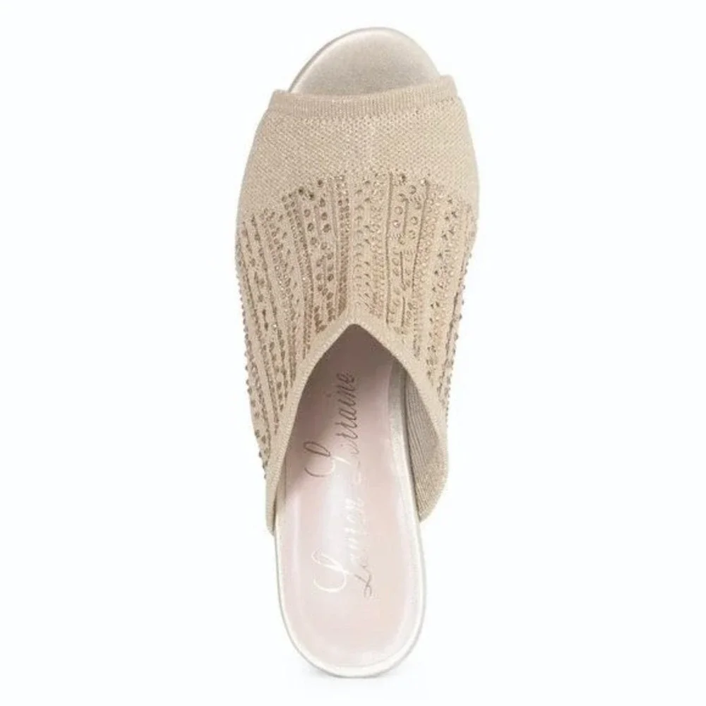 Lauren Lorraine‎ Gold Embellished Knit Open Wedge Heel Shoes Mules  Sz 6 /#S1104